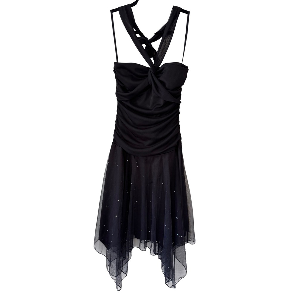 Y2K A. Byer Halter Dress Women M Black Stars Mesh Handkerchief Hem Celestial Emo